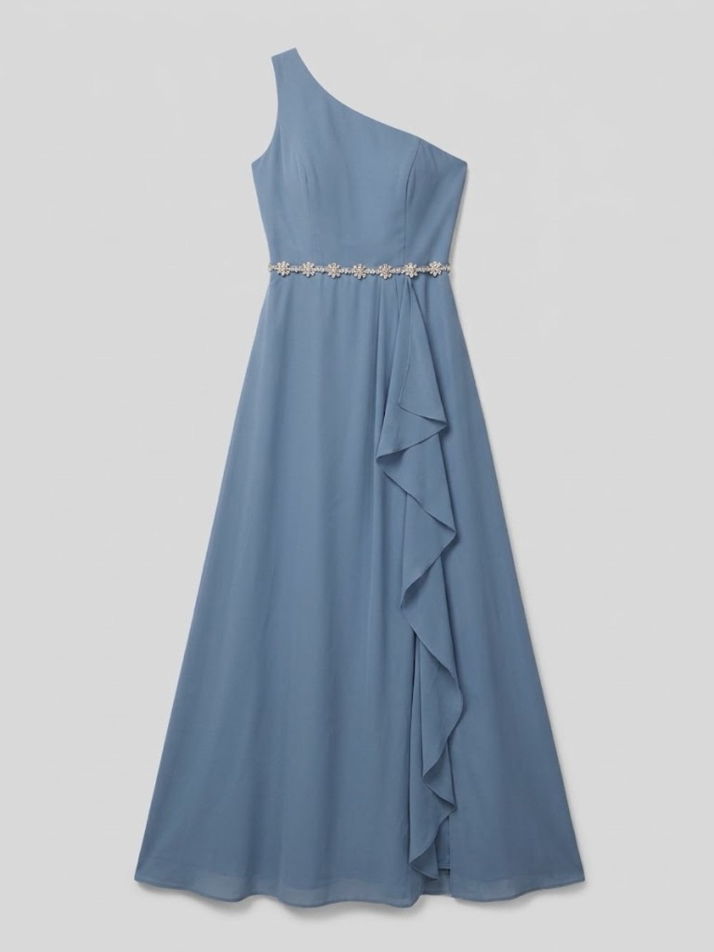 One-Shoulder Dusty Blue Evening Gown with Beaded Waist